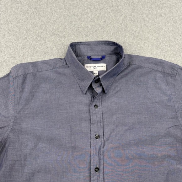 Teddy Stratford Shirt Mens 43 44 Blue Zip Front Button Down Long Sleeve Cotton - Picture 2 of 12